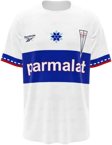 Camisa retrô da Universidad Católica 1998 - 1999 branca com faixa azul no peito, frente e costas