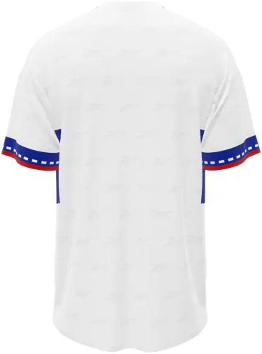 Camisa retrô da Universidad Católica 1998 - 1999 branca com faixa azul no peito, frente e costas