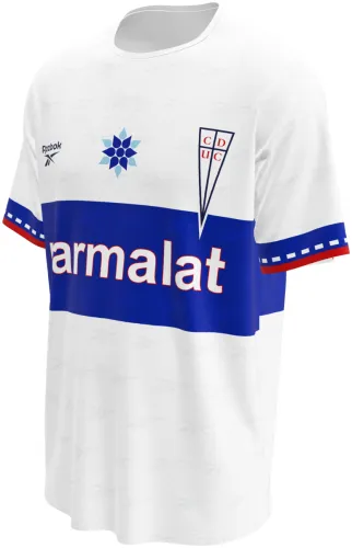 Camisa retrô da Universidad Católica 1998 - 1999 branca com faixa azul no peito, frente e costas