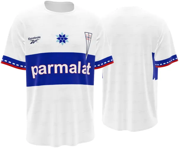 Camisa retrô da Universidad Católica 1998 - 1999 branca com faixa azul no peito, frente e costas