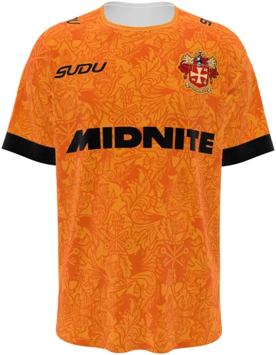 Camisa titular do Wolverhampton 2026 - 2027 laranja com ornamento floral tom sobre tom, frente e costas