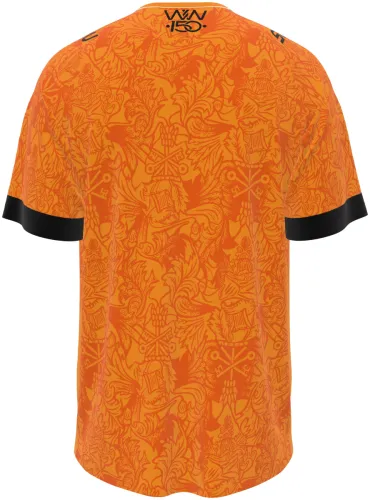 Camisa titular do Wolverhampton 2026 - 2027 laranja com ornamento floral tom sobre tom, frente e costas