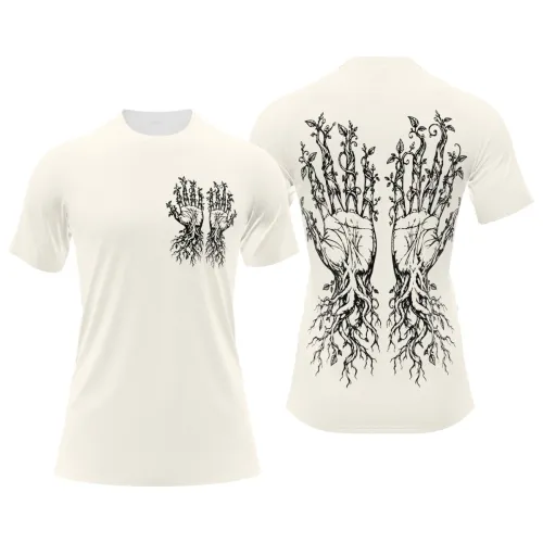 Camisa estampada com ilustração artística de mãos estilizadas como raízes e galhos, com detalhes botânicos em preto na frente e nas costas, cobrindo toda a peça.