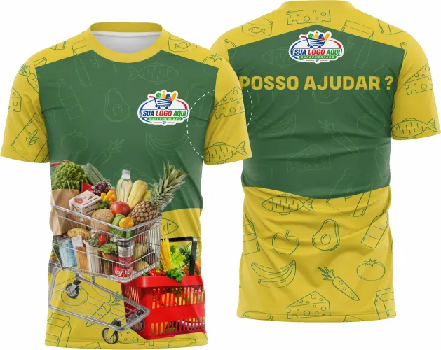 Camisa com logo no peito e estampa grande nas costas, ideal para mercado, trazendo design moderno e vibrante que destaca o profissional com estilo e conforto durante o trabalho.