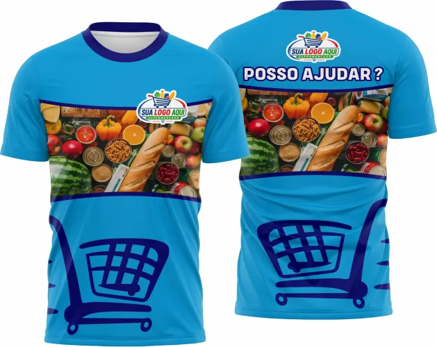Camisa com logo no peito discreto e estampa grande nas costas, perfeita para quem busca estilo e identidade visual forte para equipes de supermercado ou eventos temáticos, com cores vibrantes e design marcante.