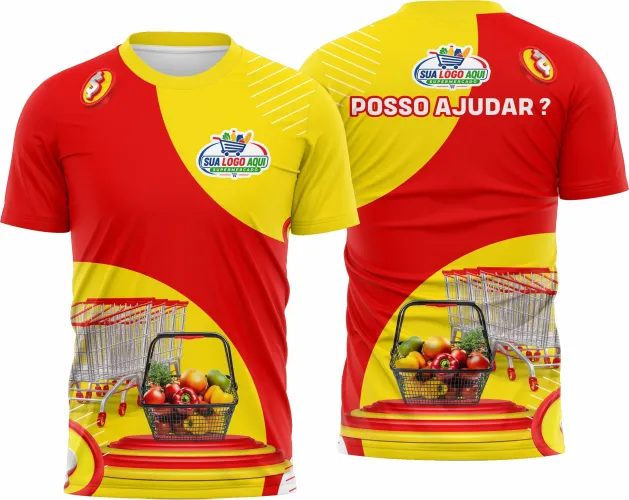 Camisa com logo no peito e estampa grande nas costas, ideal para uso em supermercados ou eventos relacionados, com design atraente e profissional que destaca a identidade da equipe com estilo marcante.