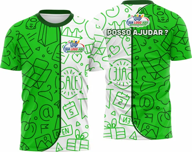 Camisa com logo no peito, estampa grande nas costas com design moderno e cores vibrantes ideal para equipe de supermercado, destaque ao estilo único e profissional que transmite unidade e confiança.