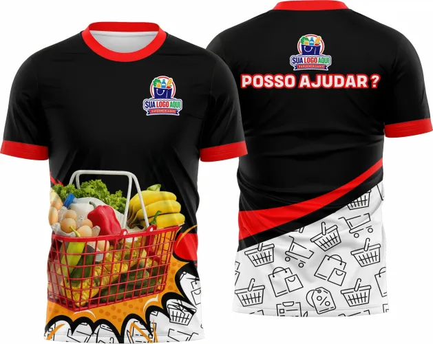 Camisa com logo no peito e estampa grande nas costas, perfeita para equipes de supermercado que buscam estilo e identidade visual marcante. Visual moderno com cores vibrantes, destacando o time em qualquer ambiente de trabalho.