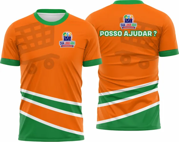 Camisa com logo no peito e estampa grande nas costas, destacando estilo moderno e design atraente voltado para equipes de supermercados, ideal para eventos e uniformes personalizados.