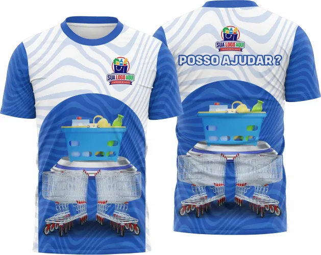 Camisa com logo no peito e estampa grande nas costas, apresentando design exclusivo inspirado em supermercado, ideal para uniformes e eventos temáticos.