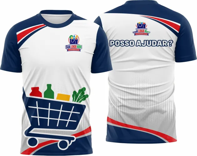Camisa com logo no peito e estampa grande nas costas, perfeita para equipes de supermercado, unindo estilo e identificação de forma marcante e profissional.