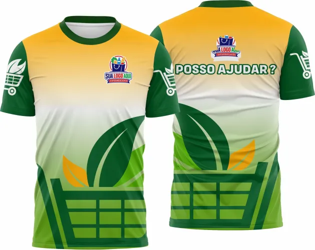 Camisa com logo no peito visível e estampa grande nas costas exibindo design moderno e profissional, perfeita para uso em ambiente de supermercado.