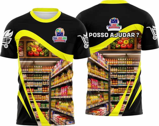 Foto de uma camisa personalizada com logo no peito e estampa grande nas costas, destacando cores vibrantes e design moderno, ideal para uniforme de equipe de supermercado.