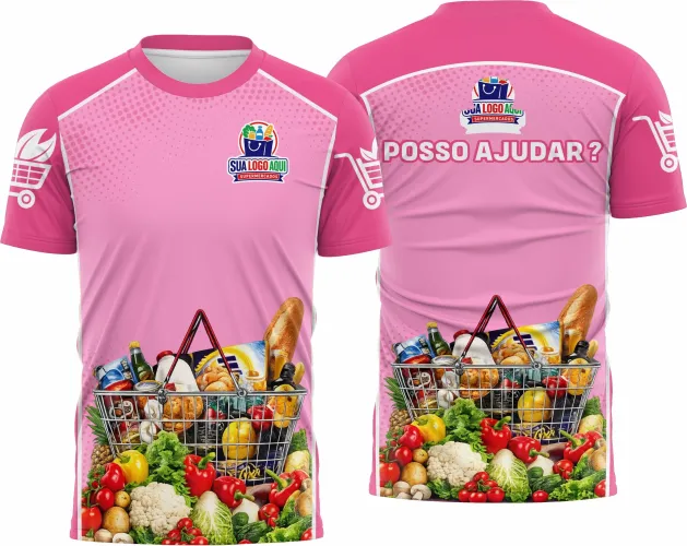 Camisa com logo no peito e estampa grande nas costas, ideal para equipes de supermercado, exibindo um design moderno e visual atraente com cores vibrantes.