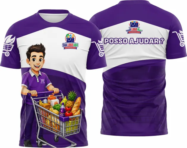 Camisa com logo no peito e estampa grande nas costas, apresentando design único e moderno ideal para uso em supermercados e ambientes corporativos.