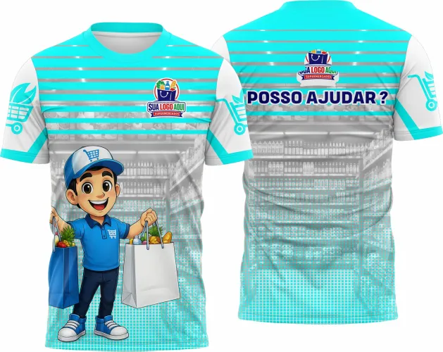 Camisa com logo no peito e estampa grande nas costas em estilo profissional para supermercado, design moderno e atraente, ideal para uniformes empresariais.