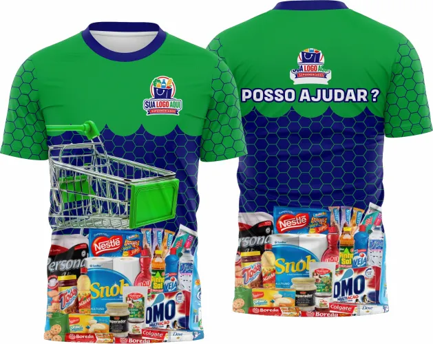 Camisa com logo no peito e estampa grande nas costas, apresentando design moderno e detalhado inspirado em ambiente de supermercado, perfeita para uniformes ou eventos temáticos.