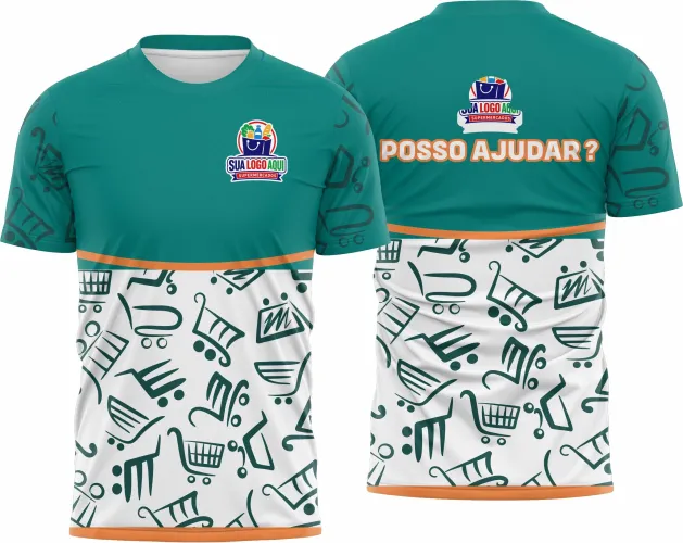 Camisa com logo no peito e estampa grande nas costas em estilo moderno e profissional, ideal para equipes de supermercados que buscam identidade visual marcante e uniforme funcional.