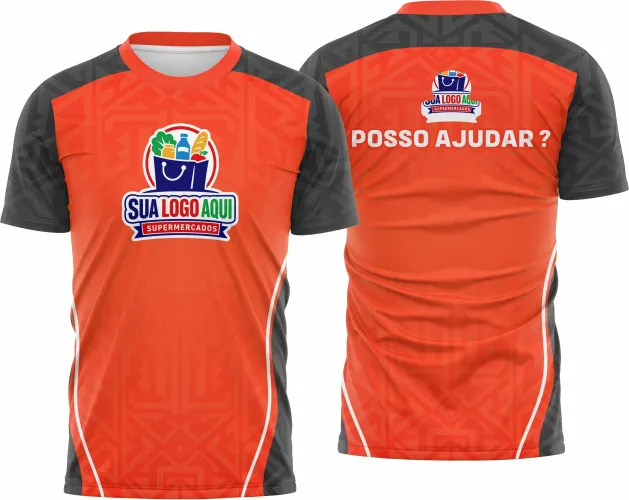 Camisa com logo no peito e estampa grande nas costas, ideal para equipes de supermercado, mostrando identidade e profissionalismo de forma marcante e moderna.