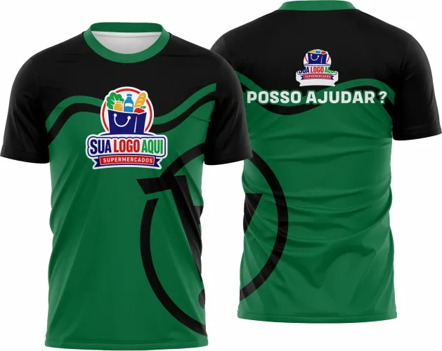 Camisa com logo no peito e estampa grande nas costas, design vibrante e moderno ideal para uso em supermercados ou lojas, destacando identidade visual com estilo marcante e cores vivas.