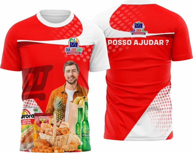 Camisa com logo no peito discreto e estampa grande nas costas com design vibrante ideal para equipes de supermercado, destacando profissionalismo e unidade.