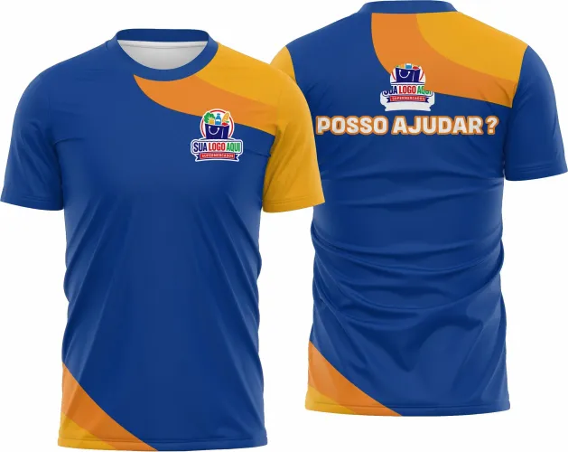 Camisa profissional para supermercado com logo no peito e estampa grande nas costas, perfeita para identificar a equipe com estilo moderno e funcional.