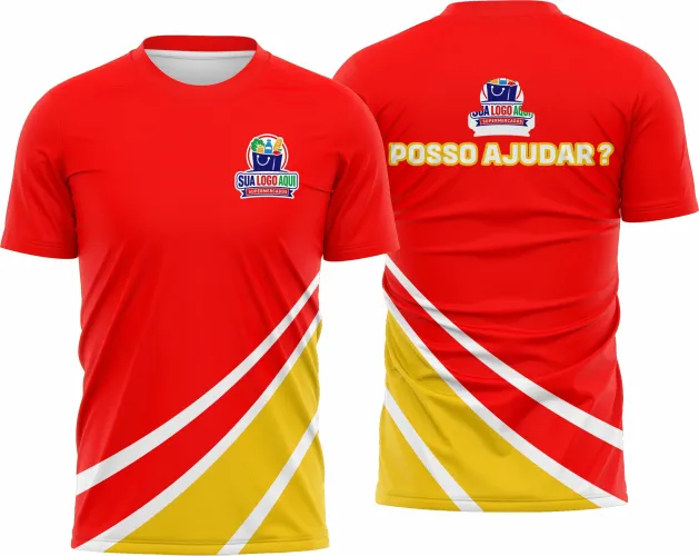 Camisa com logo no peito e estampa grande nas costas, exibindo design moderno e vibrante perfeito para profissionais de supermercado que buscam estilo e identidade visual marcante.