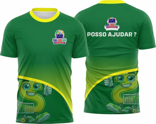 Camisa com logo no peito e estampa grande nas costas, apresentando um design moderno e vibrante ideal para uniformes de supermercado, que transmite profissionalismo e identidade visual marcante.