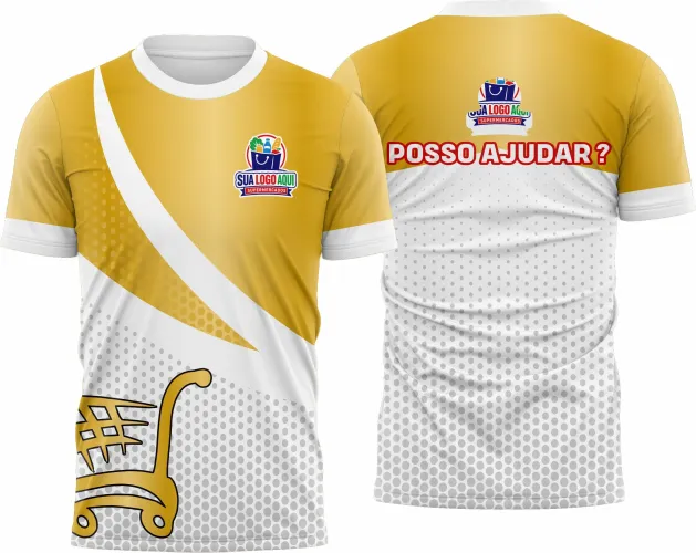 Camisa profissional com logo no peito e estampa grande nas costas destacando design moderno e funcional para equipes de supermercado, perfeita para uso diário com visual marcante e identificação clara.