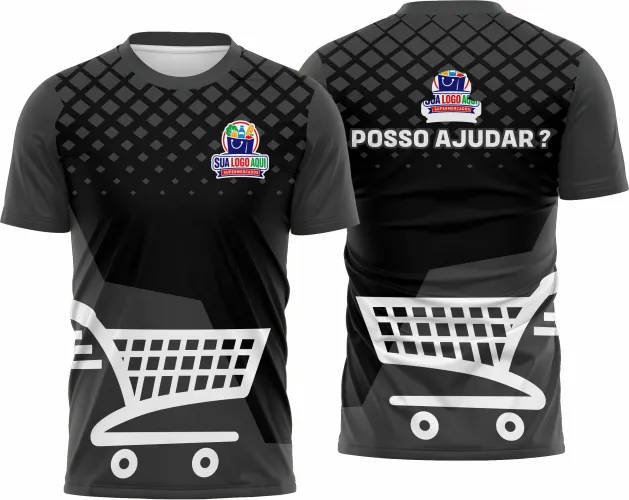 Camisa com logo no peito e estampa grande nas costas, design vibrante e moderno que destaca identidade profissional em supermercado, ideal para equipe uniformizada em ambiente de trabalho.