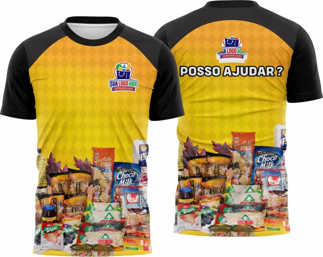 Camisa com logo no peito e estampa grande nas costas, design moderno e alinhado ao universo de supermercados, perfeita para destacar a identidade visual com estilo único e profissional.