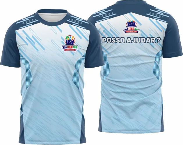 Camisa com logo discreto no peito e estampa grande nas costas, apresentando design moderno e vibrante inspirado em supermercado, perfeita para destacar uniformes com estilo profissional e diferenciado.