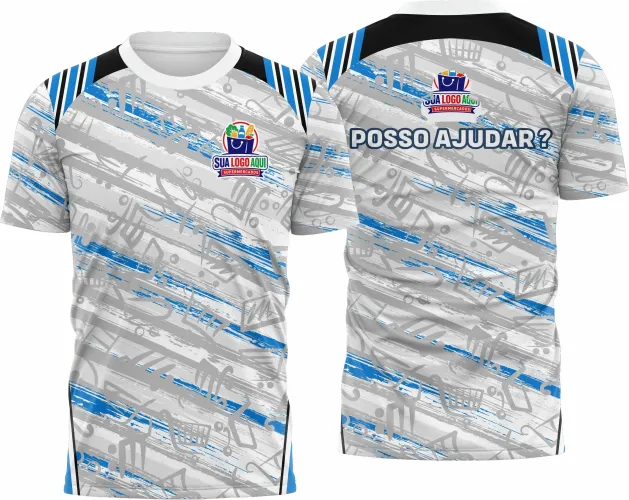 Camisa com logo no peito e estampa grande nas costas, apresentando design moderno e profissional ideal para colaboradores de supermercado em visual uniforme e impactante.