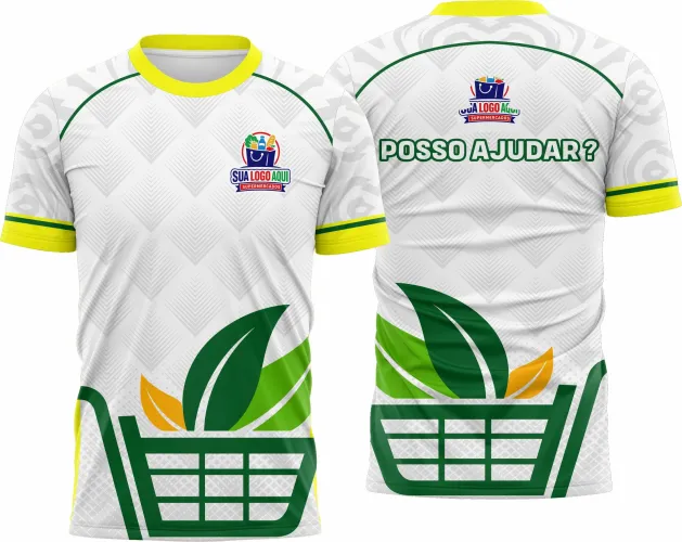 Camisa com logo no peito e estampa grande nas costas, apresentando design vibrante inspirado no universo de supermercado, ideal para uniformes ou eventos temáticos.