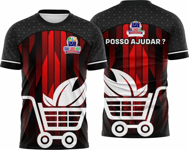 Camisa com logo no peito e grande estampa colorida nas costas, ideal para uniforme de supermercado, destacando estilo e personalidade em ambiente profissional e descontraído.