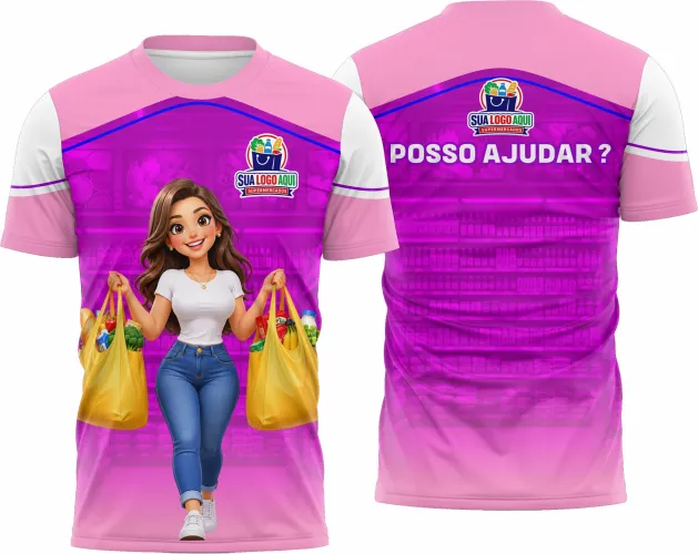Camisa com logo no peito e estampa grande nas costas, perfeita para funcionários de supermercado, combinando profissionalismo e estilo em uma peça única e prática para o dia a dia de trabalho.