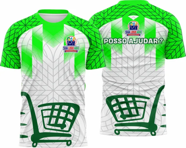 Camisa com logo no peito e estampa grande nas costas, com design moderno e cores vibrantes, perfeita para profissionais de supermercado que buscam estilo e conforto no uniforme.