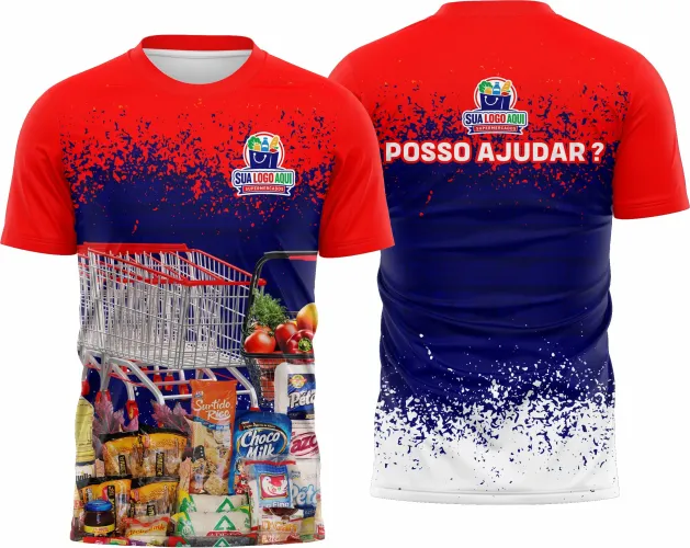Imagem de camisa com logo no peito e estampa grande nas costas, ideal para uniforme de supermercado, mostrando design moderno e aspecto profissional.
