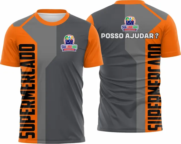 Camisa com logo no peito e estampa grande nas costas em design exclusivo para equipes de supermercado, combinando estilo e identificação visual perfeita para o dia a dia no trabalho.