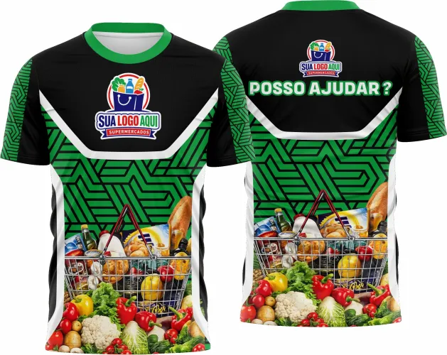Camisa de supermercado exibindo logo no peito e estampa grande nas costas com design vibrante e chamativo, perfeita para equipes que buscam identidade visual forte e unificada durante o trabalho.