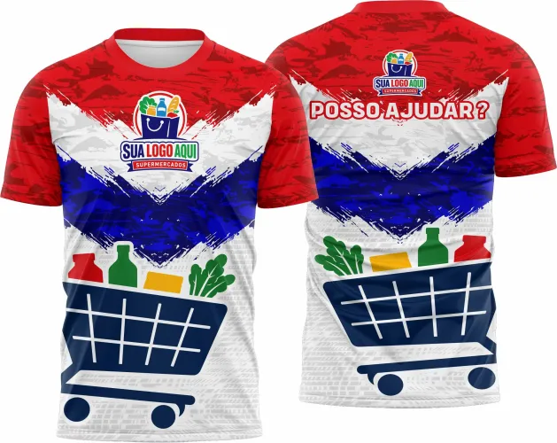 Camisa com logo no peito e estampa grande nas costas mostrando design vibrante e moderno ideal para equipes de supermercado, com cores harmoniosas que destacam a identidade visual do time