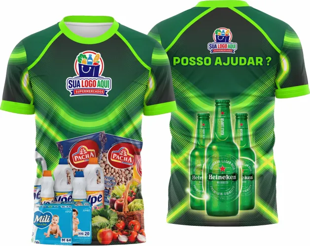Camisa com logo no peito e estampa grande nas costas que destaca o tema de supermercado, combinando visual moderno e atraente para ambientes de trabalho.