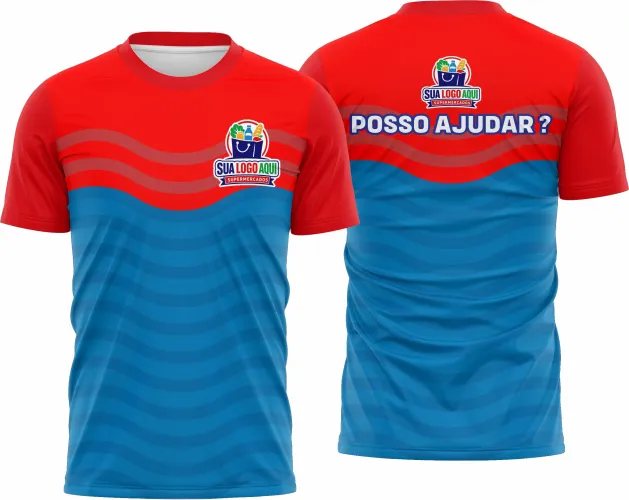 Camisa com logo no peito e estampa grande nas costas exibindo design moderno e atraente, perfeita para ambientes de supermercado que buscam identidade visual marcante e profissional.