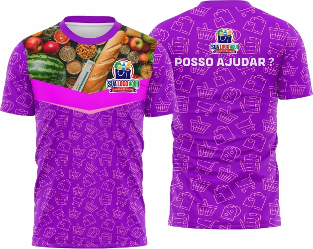 Camisa profissional de supermercado com logo no peito e estampa grande nas costas em cores vibrantes, ideal para uniformes modernos e personalizados de equipes de varejo.