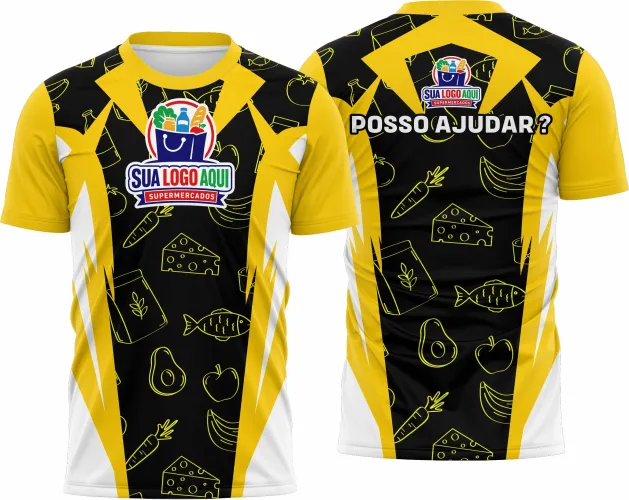 Camisa com logo no peito e estampa grande nas costas, ideal para equipe de supermercado com visual moderno e profissional, destacando a identidade da marca e reforçando o espírito de equipe.