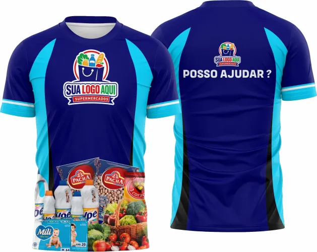 Camisa de cor sólida com logo no peito e uma estampa grande nas costas que exibe design vibrante e moderno, perfeita para equipes de supermercado que querem estilo e identidade visual marcante.