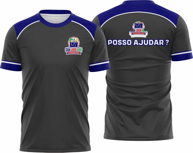 Camisa com logo no peito e estampa grande nas costas em design moderno e marcante, ideal para equipe de supermercado destacar unidade e profissionalismo durante o trabalho.