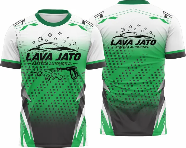 Camisa com logo no peito e estampa grande nas costas, com design exclusivo que remete à lavagem automotiva, ideal para uniformes de lava rápido, destacando profissionalismo e estilo competitivo.