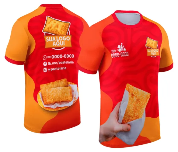 Camisa com logo no peito e estampa grande nas costas, destacando design especial para uniformes de pastelaria com cores vibrantes e estilo moderno, ideal para profissionais do ramo.