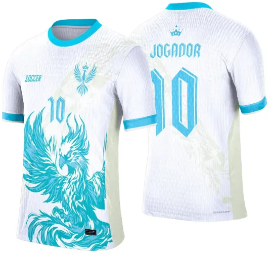 Camisa branca com gola e punhos azul claro, frente com fênix azul em pose de ataque e número 10 em destaque, costas exibem nome JOGADOR, número 10 e coroa azul acima.